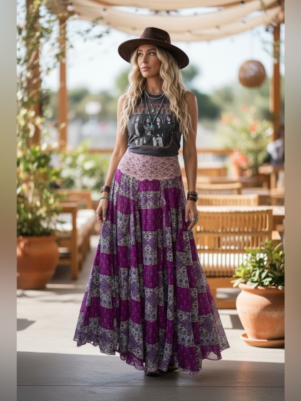 RARE Free People Purple Patchwork Gypsy Maxi Skirt Size 0